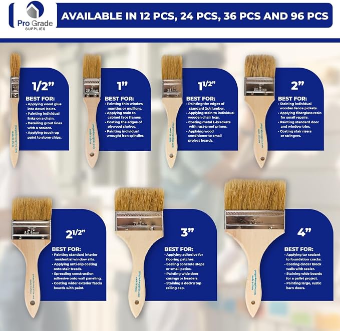 Pro Grade 2" Chip Brushes, Disposable Paint Brushes, for Paint, 96 Pack | Natural bristle, wood handle | Bulk Pack | For Stain, Glue & Epoxy | Cabinets, Furniture, Fences