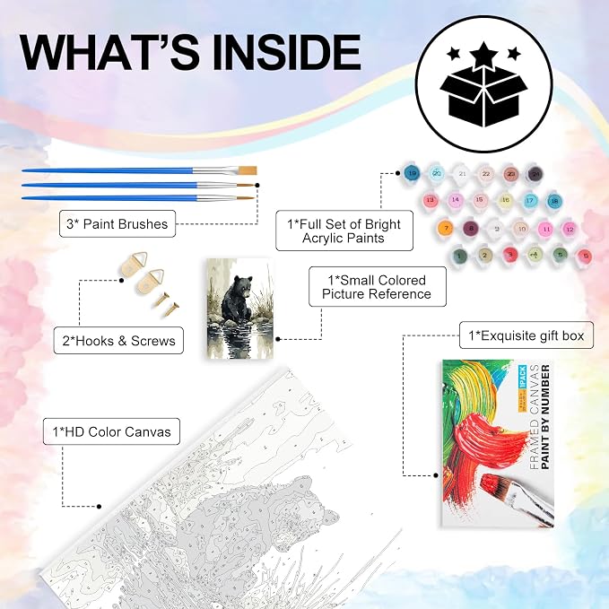 Yezavesu Framed Paint by Numbers Kit for Adults Beginner & Kids Ages 8-12, Bear Paint by Numbers with Frame, DIY Watercolor Number Painting for Adults Bear for Home Wall Decor Gift 8X 12 inch | With Frame Canvas 8x12 inch, DIY Acrylic Painting by Numbe...