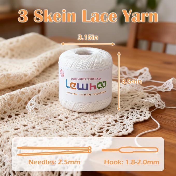 3 Pack Crochet Thread, 100% Cotton Size 3 Lace Yarn Set White