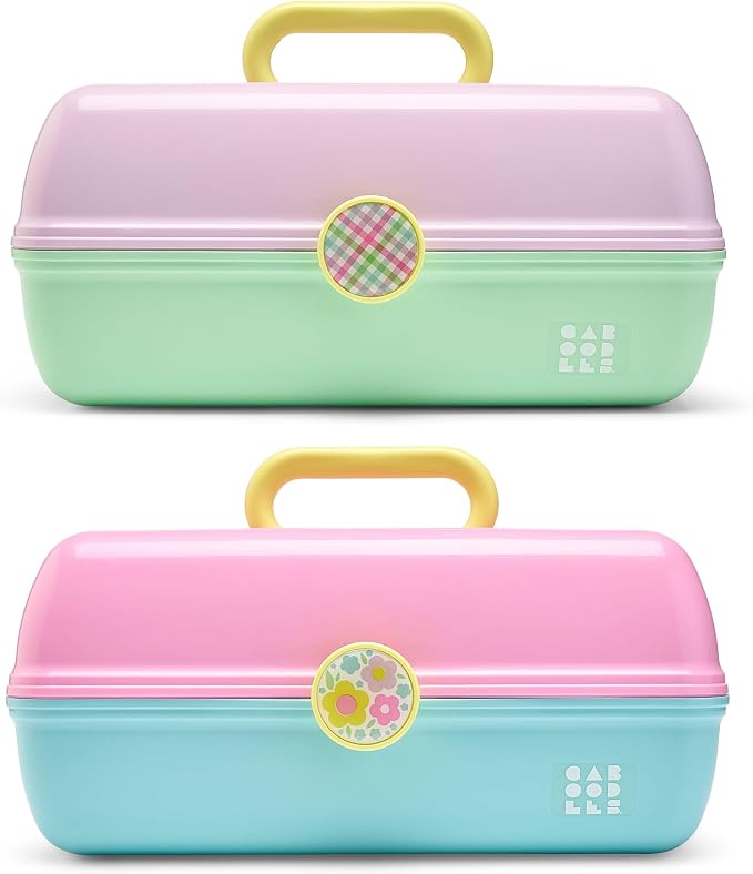 Caboodles On-The-Go Girl Makeup Storage Box 2-Pack, Two-Tone Pink/Light Blue and Lavender/Light Green, Hard Plastic Makeup Organizer Box, Built-In Mirror, Secure Latch for Safe Travel