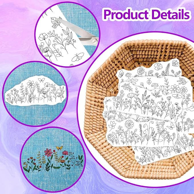 ORIGACH 4 Sheets 12 Pcs Water Soluble Embroidery Patterns Stabilizers - Pre-Printed Wildflowers & Flowering Shrubs Designs - Stick & Stitch Embroidery Paper for Hand Sewing Lovers