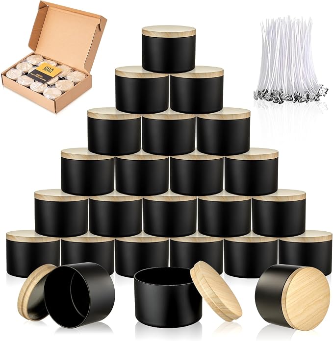 MGLIFEUL 8oz Candle Tins Jars Cans with Lids and Wax Wick for Making Candle | Black Empty Candle Containers for Small Business & Beginners Commercial candle-making DIY Candle Supplies (Black,8oz,24pcs)