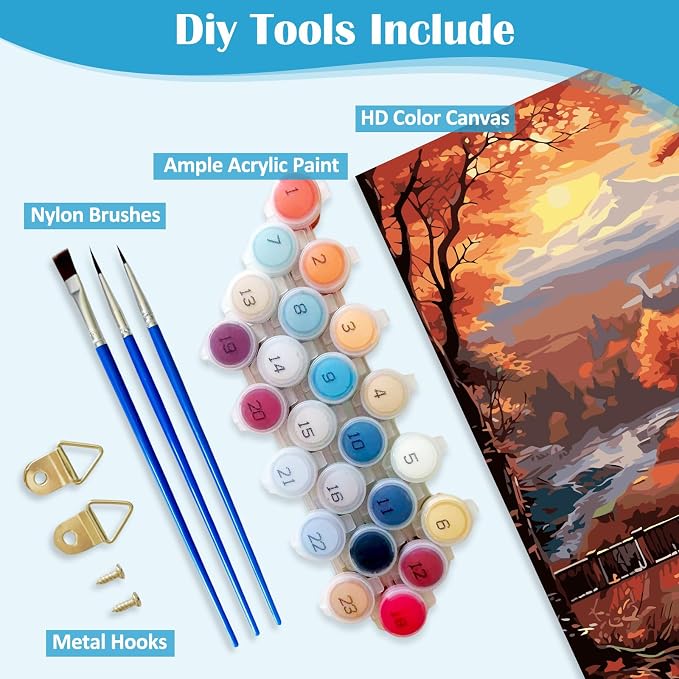 LKHMVCA Fall Forest Sunrise Mountain Paint by Numbers Kit for Adults, DIY Paint by Numbers Kits for Adults Beginners Without Frame, Acrylic Paint Canvas Painting Kits Art for Home Decor 16x16 Inch