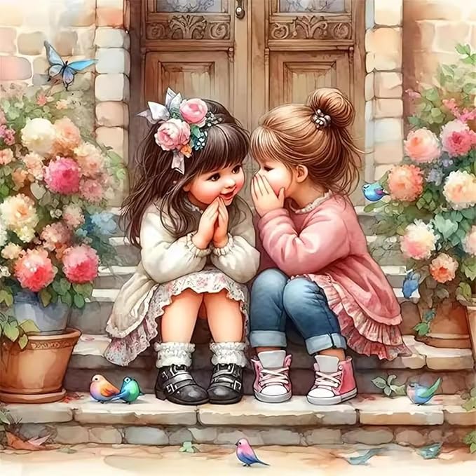 Girl Paint by Numbers Kit for Adults,Cute Bestie and Flower Unframed Watercolor Painting by Number Kits on Canvas for Beginners ,DIY Digital Oil Paint by Number Kits for Home Wall Decor 16X16 Inch.