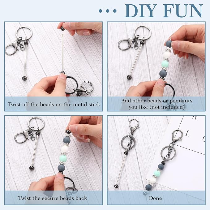 Tondiamo 12 Pcs Beadable Keychains Bars Bulk Blank Beaded Metal Keychain for Craft DIY Gift