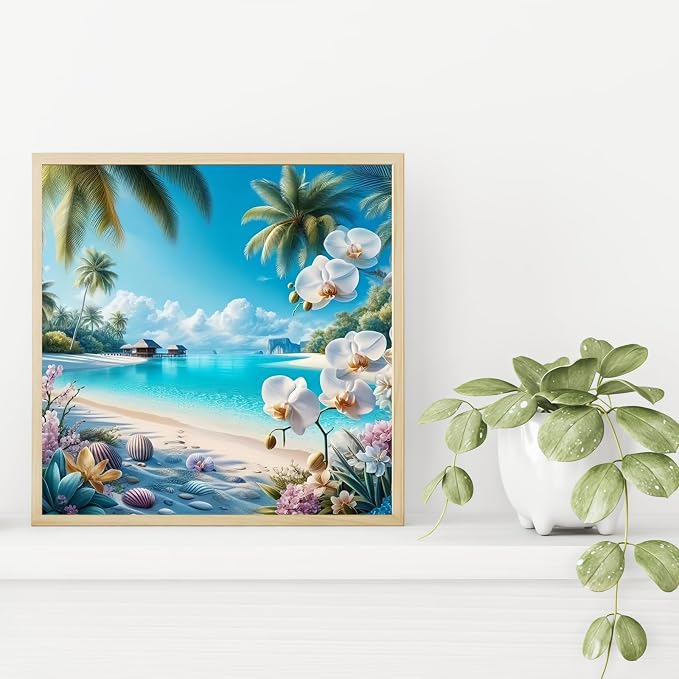Tropical Beach Diamond Painting Kit for Adults,Gem Art for Beginners | 5D Full Drill Summer Ocean Orchid Diamond Art, DIY Gem Diamond Art for Adults, Home Wall Decor 13.78x13.78 Inch
