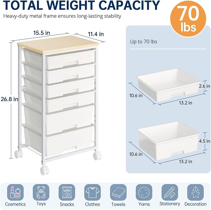 Delamu Rolling Storage Cart with 6 Drawers, Utility Craft Storage Cart | Storage Drawers Cart with Wooden Tabletop and Lockable Casters for Classroom Office Dorm Craft Art Supplie, White