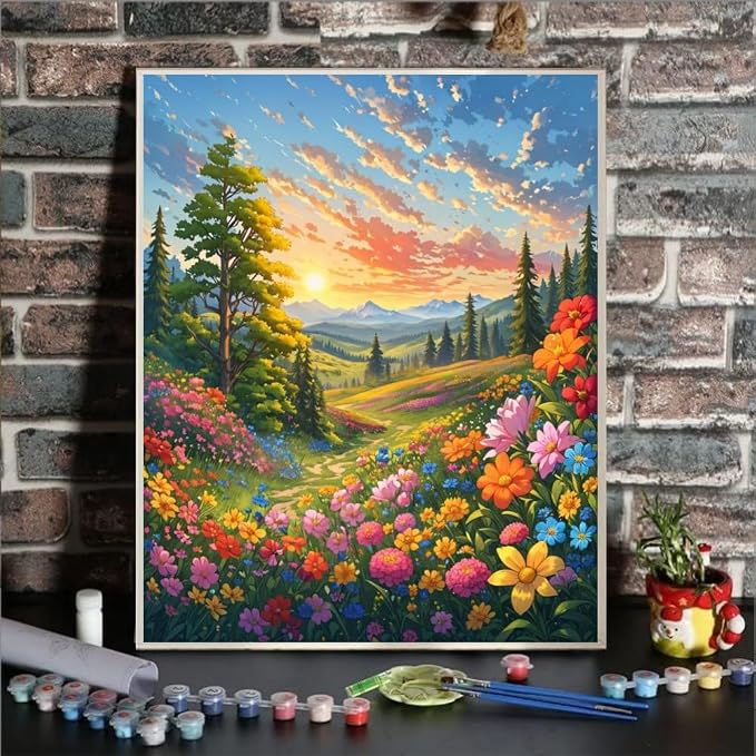 ldazao Landscape Adult Paint By Number Kits, Paint By Numbers Flowers,Flower Paint By Numbers Kit for Adults, DIY Canvas Oil Painting Paint By Number for Gift Home Wall Decor 16x20 Inch