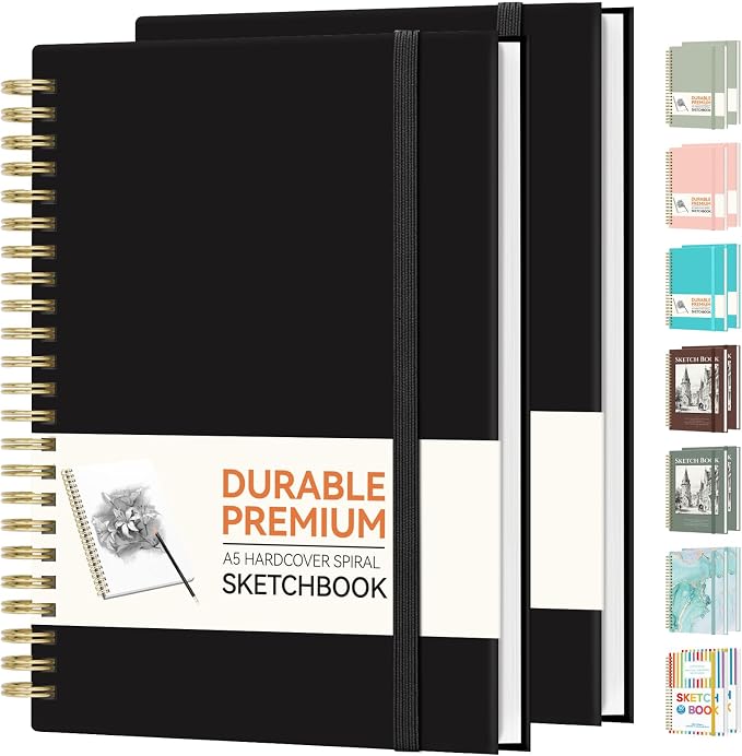 Forvencer 2 Pack Blank Spiral Notebook, 8"x 5.6"Hardcover Sketch Book | 100GSM Thick Paper,Art Sketchbook for Women&Adult, 100 pages/50 Sheets Drawing Book Journal for School Office Drawing, Black