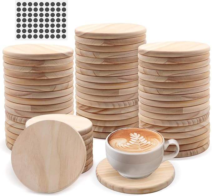60 Pack 4 Inch Unfinished Round Wood Coasters with Non Slip Pad