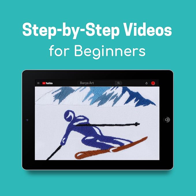 Embroidery Kit for Adult Beginners,Skiers Snow Mountain Embroidery Kit with Step-by-Step Instructions & Video,Printed Cloth,7.87" Hoop,Display Stand,Color Threads and Tools for Craft Lover(BES012)