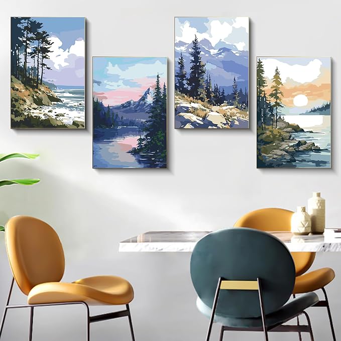 4 Pack Framed Paint by Numbers Kit for Adults Landscape with Wooden Easel | With Frame Canvas 8x12 IN, For Adults Beginner, DIY Acrylic Painting Mountain, Stress Relief Craft Kits, Home Wall Decor Gift
