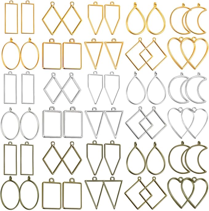 Shynek 60Pcs Hollow Frame Pendants - Resin Craft Bezels Jewelry Molds for Necklaces and Earrings Making Supplies
