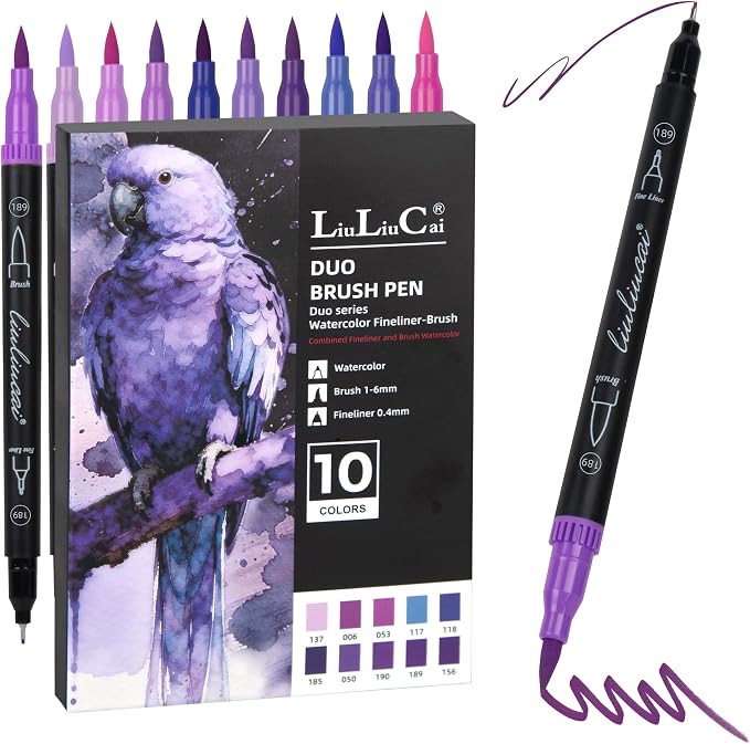 LIULIUCAI 10 Purple Dual Marker, Fine & Brush Tip Pen for Adult Coloring