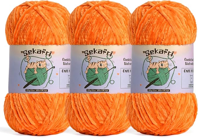 3 Pack of 300g (590yds) Fuzzy Chenille Yarn for Crocheting,Fluffy Amigurumi Crochet Yarn for DIY Craft/Hat/Clothes, Soft Velvet Baby Blanket Yarns（3 Orange）