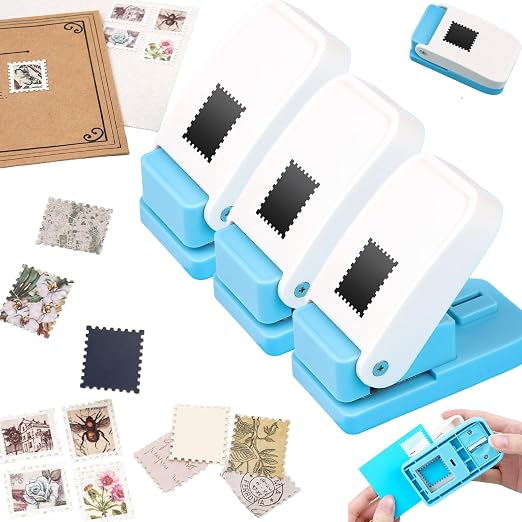 3Pcs Paper Punch | Stamp Punch | Postage Stamp Shape Paper Punches | Portable Lever Action Craft Puncher | 1x0.8 inch Rectangular Scalloped Edge Hole Cutter for Paper Crafting Scrapbooking DIY Crafts