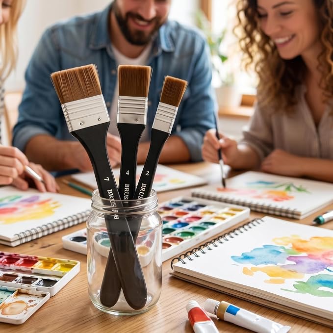 3 Pcs Flat Paint Brushes Set, Nylon Art Brushes for Acrylic Oil Watercolor Painting, Wide Wash Varnish Chip Brush for Gesso Canvas Furniture Craft Supplies