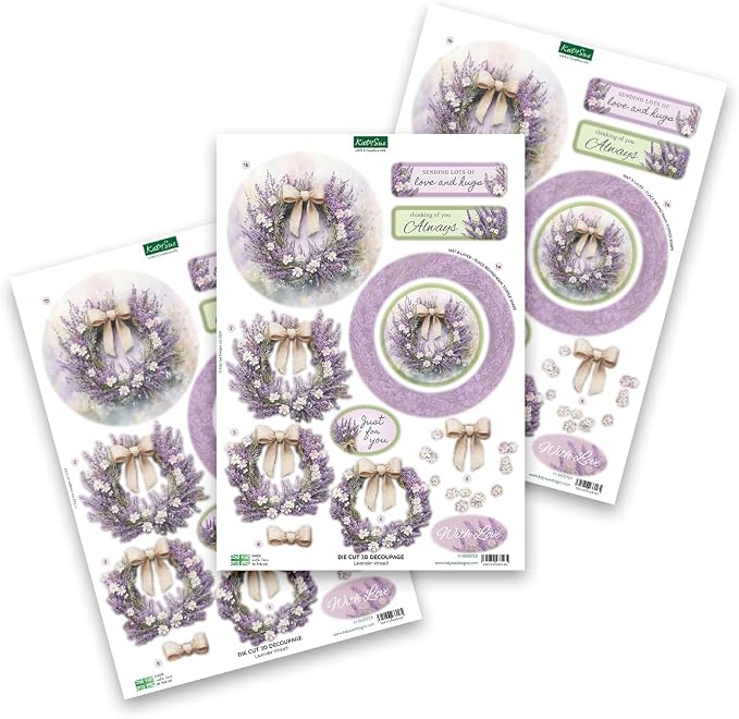Katy Sue Designs Thinking of You 3D Die Cut Decoupage Collection for Card Making Supplies. Contains 12 Sheets of Katy Sue Die Cut Decoupage Featuring Lavender, Lillies, Hydrangea, and Roses