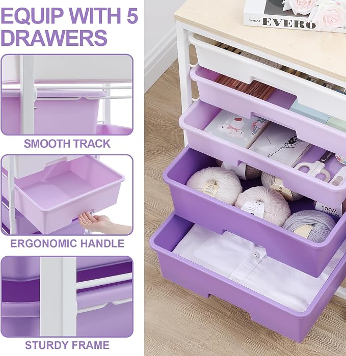 SYKIARIOL Utility Cart with 5 Drawers with Wooden Top,Purple | 5-Tiers Storage Cart with Drawers with Lockable Wheels for Craft Organizers and Storage,Home Office,Classroom,Dorm ,Playroom