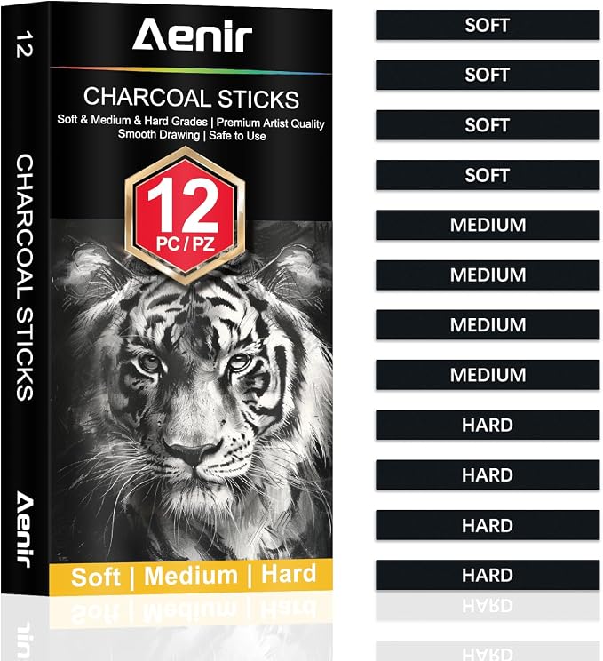Aenir Compressed Charcoal Sticks Set of 12 – Soft, Medium, Hard Charcoal for Drawing, Sketching & Shading – Art Supplies for Artists, Beginners & Adults