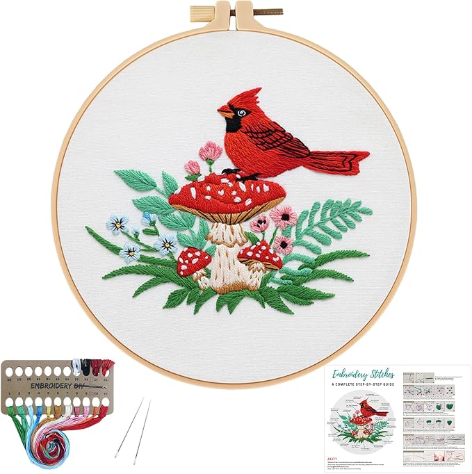 Louise Maelys Cardinal Mushroom Embroidery Kit for Beginners DIY Craft | DIY Needlepoint Kit with Pre-Printed Fabric, Hoop, Threads, Needles and Guide. Cross Stitch Kit for Adults with Nature Design