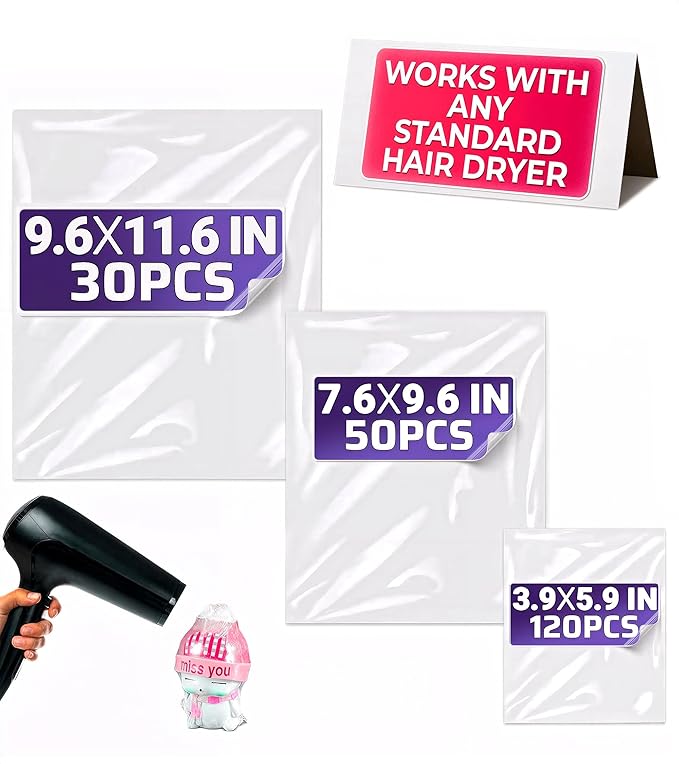 200 Pcs Heat Shrink Wrap Bags, 3 Sizes, Clear PVC for Gift Wrapping | Heat Seal Bags; Heavy-Duty; 3.93x5.90 (120) 7.67x9.64 (50) 9.64x11.61 (30) In; for Soap, Candles, Bath Bombs, & DIY Packaging