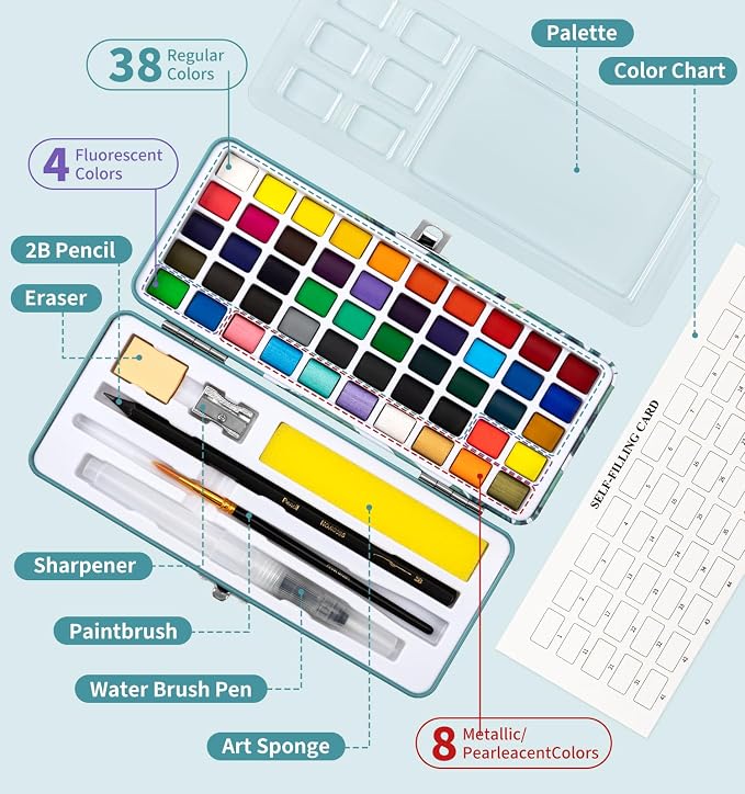 Watercolor Workbook, Water Coloring Book, 12 Different Patterns of Original DIY Designs, 50 Colors Watercolor Paint Set with Palette and Brush, Beginner-Friendly Watercolor Workbooks (Bouquets)