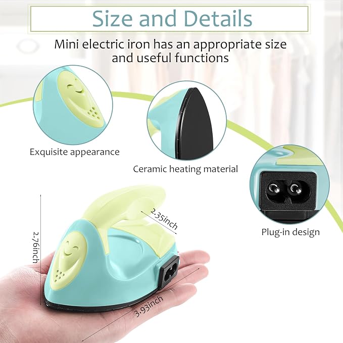 Honoson Mini Craft Iron Mini Heat Press Small Iron 3.93 x 2.36 x 2.76 In Portable Handy Tiny Flatiron with Charging Base Accessory for Fuse Bead Patch DIY Heat Transfer Vinyl(Light Yellow, Mint Green)