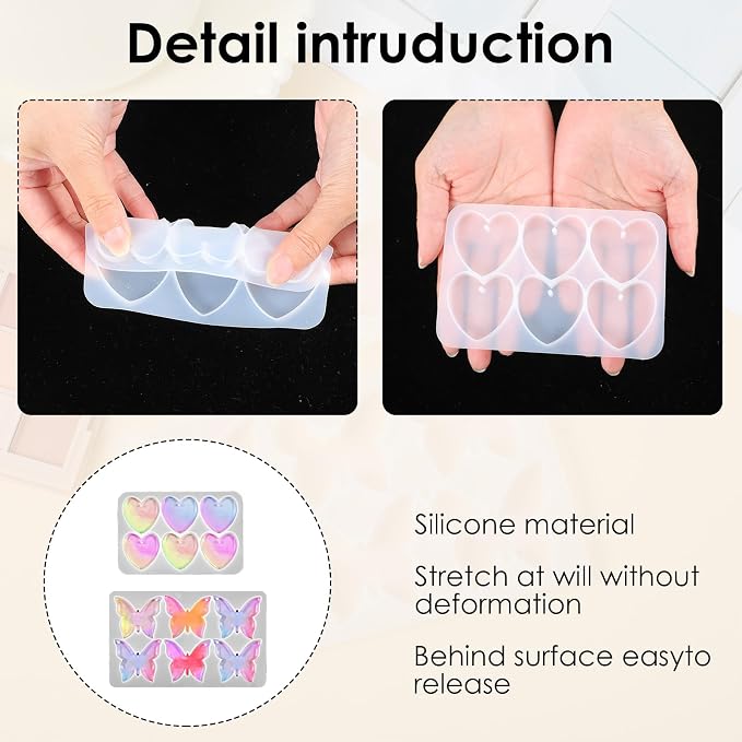 Butterfly Molds Silicone, 2 Pack Fondant Molds 6 Grids Epoxy Resin Mold with Hole Keychain Pendant Mold Heart Shape for DIY Crafts Jewelry Making