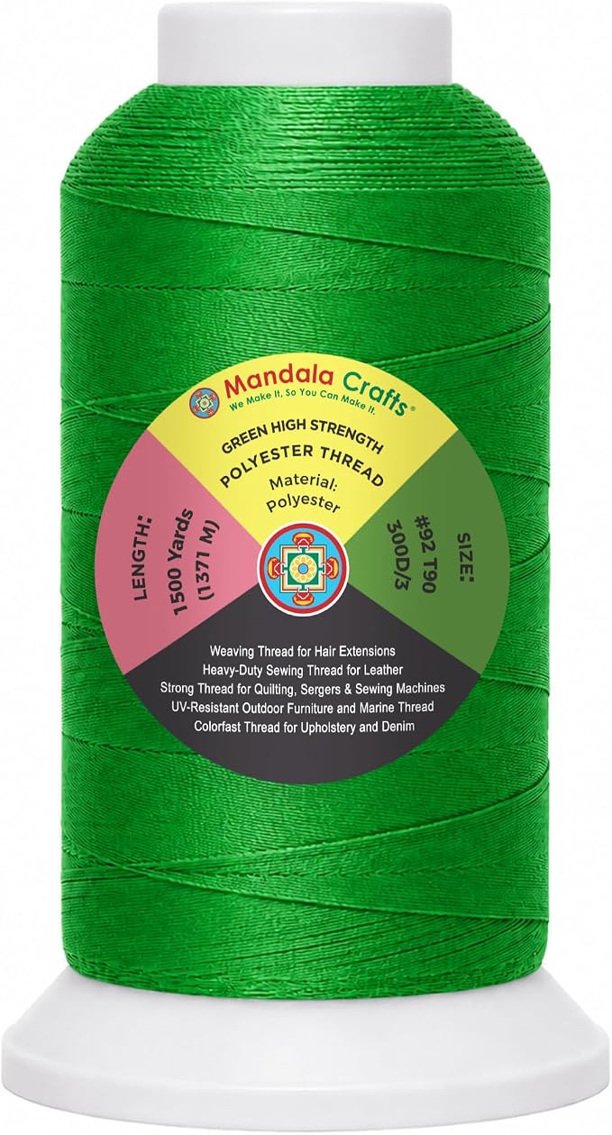 Mandala Crafts Green Tex 90 Polyester Heavy Duty Thread for Upholstery | 1500 Yds T90 UV Resistant Strong Thread for Leather Sewing, Marine, Drapery, Jeans, Hair Weaving & Extension, Outdoor