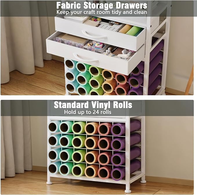 VENNQD Stand Compatible with Cricut Maker and Cricut Explore Air Series Craft Organizers and Storage with 2 Fabric Drawer and Shelves Crafting Table with Vinyl Roll Holder Workstation, White
