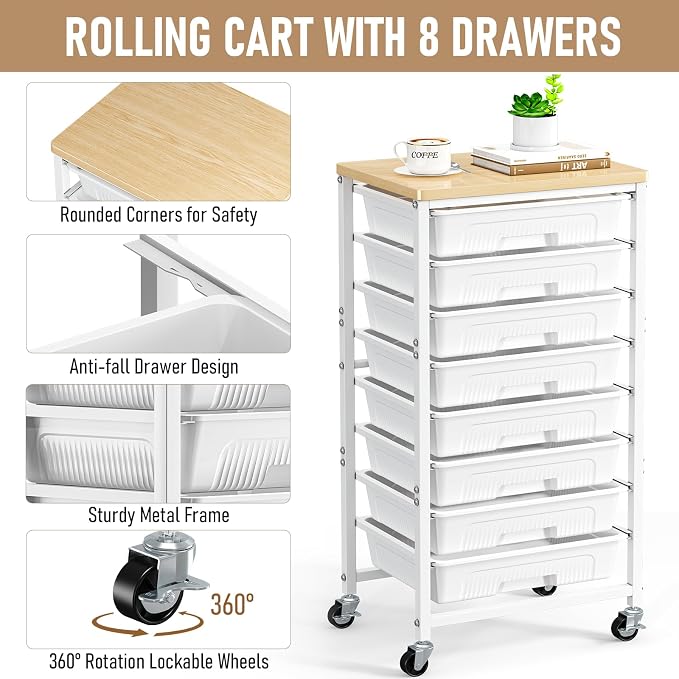 caktraie 8-Drawers Rolling Cart, Craft Storage Utility Cart, White layer