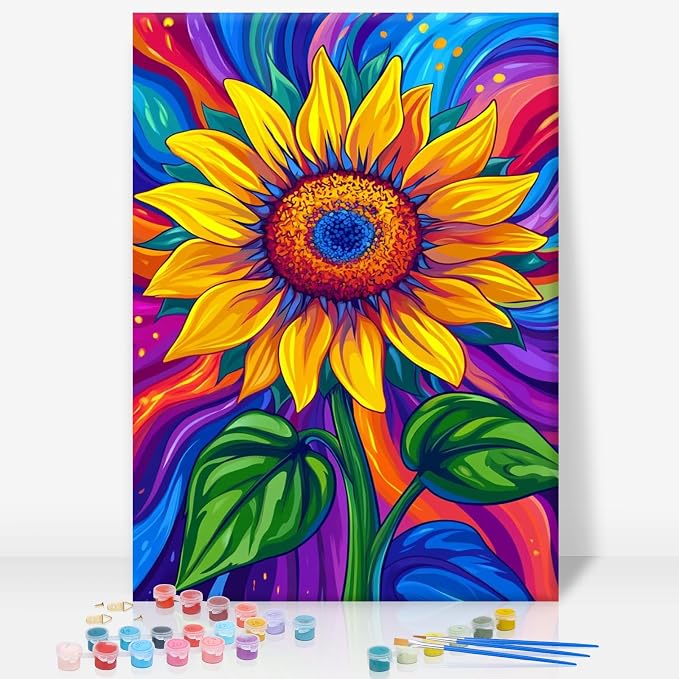 Framed Paint by Numbers Kit for Adults, Colorful Sunflower, 8 x 12 Inch | DIY Adult Paint by Number Kit for Beginners, Floral Wall Decor, Stress Relief Craft Gift, Creative Hobby