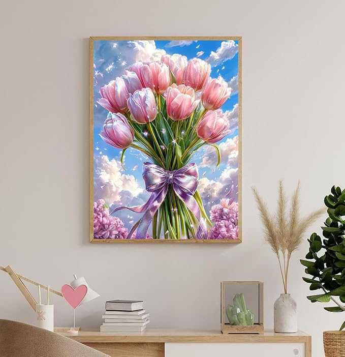 Accompany Wind Pink Tulips Diamond Art Kits for Adults, 5D Flowers Diamond Painting Kits for Beginners,DIY Round Full Drill Diamonds Gem Art Crafts for Home Wall Decor Gifts 12x16 Inch