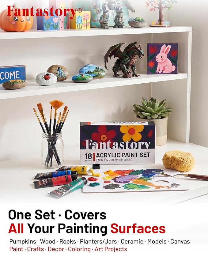 Fantastory 36ml 18 Colors Professional Acrylic Paint Set with 10 Brushes | Designed for Demanding Projects on Canvas, Wood, Stone, and Model Building