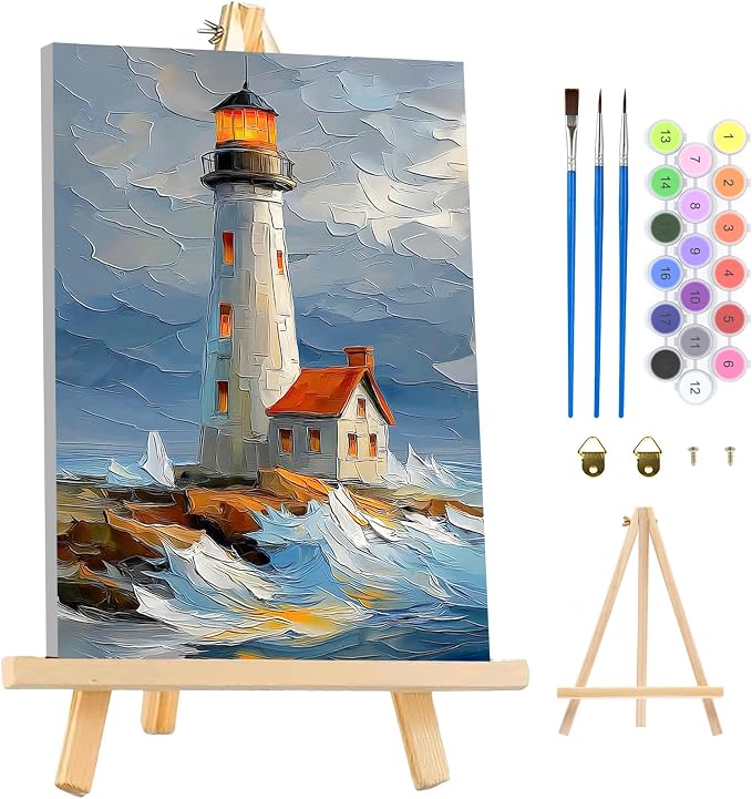 MAXBYE Lighthouse Framed Paint by Numbers Kits for Adults with Wooden Easel, Easy DIY Adult Paint by Number Kits on Canvas, Paintings Kit for Beginners Gift Home Wall Garden Decor 10×14 Inch