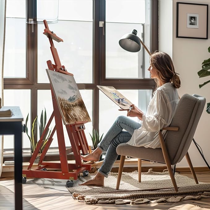 H-Frame Foldable Easel, Adjustable Height & Angle (Vertical to Horizontal), Removable Floor Art Easel for Adults, Holds Two Canvases Up to 77 Inches, Walnut Finish