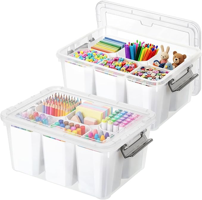 17QT 2Packs Clear Marker Organizer – 6 Detachable Inserts, Stackable Craft Organizers and Storage, Art Supply Organizer for Markers, Crayon, Pencils, Pens and Craft Supplies