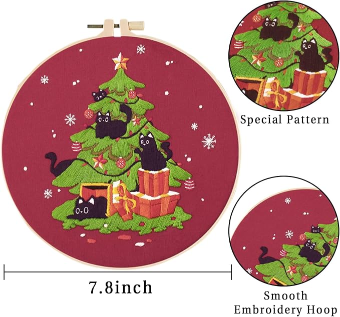 LB Christmas Embroidery Kit for Beginners Adults, 3 Sets Hand Embroidery Starter Kit with Black Cat Pattern and Instructions Stamped Cross Stitch Kits Include Embroidery Hoop Needles Threads Scissors