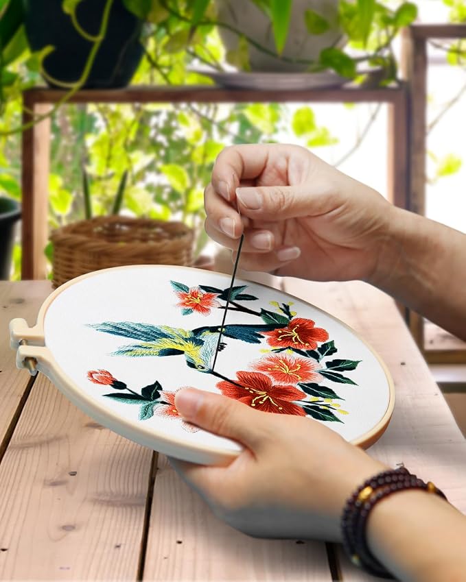 TINDTOP Hummingbird and Flower Embroidery Kit for Adults | Embroidery DIY Starter Kit, with Stamped Patterns, Hoop, Tools, Colorful Threads with Needles, Instructions
