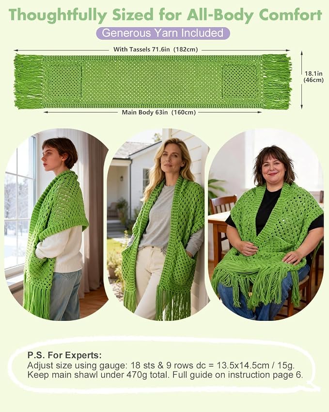 Arborthread Crochet Kit for Beginners, Easy All-Season Pocket Shawl & Scarf Crochet Kit for Adults w/Ample Premium Yarn to Fit Different Sizes, Step-by-Step Video & Instructions, Green
