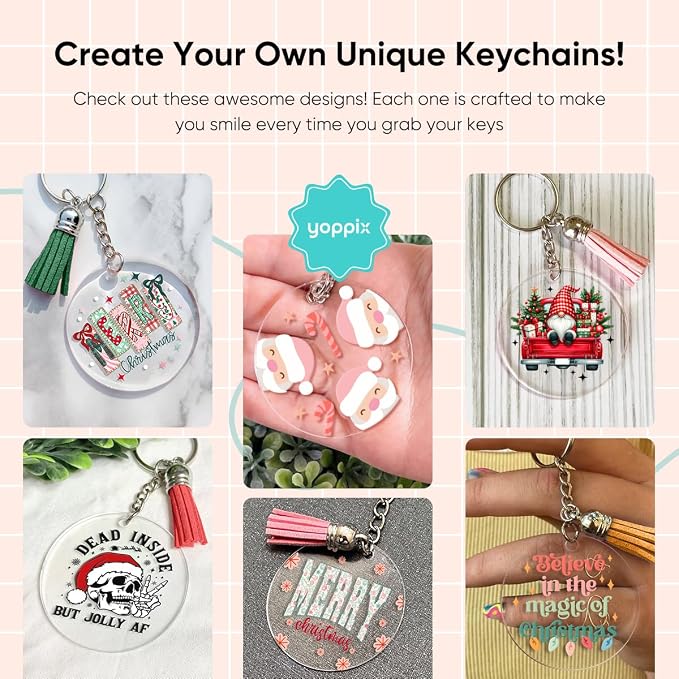 YOPPIX 140 PCS Acrylic Keychain Blank Set, Christmas Double-Sided UV DTF Stickers Acrylic Keychain Making Kits for Vinyl DIY Craft Project Christmas Tree Ornament