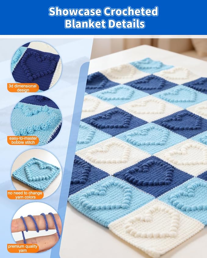 Coopay Crochet Kit for Beginners, 3D Heart Granny Square Blanket Kit, Set B