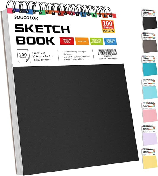 Soucolor Sketch Book 9" x 12", 100 Sheets Kids Art Sketchbook Drawing Pad | 68lb Acid-Free, Fine-Texture Paper, Top Spiral for Lay-Flat, Gift for Teens Girls Boys Beginners Adults, School Art Supplies
