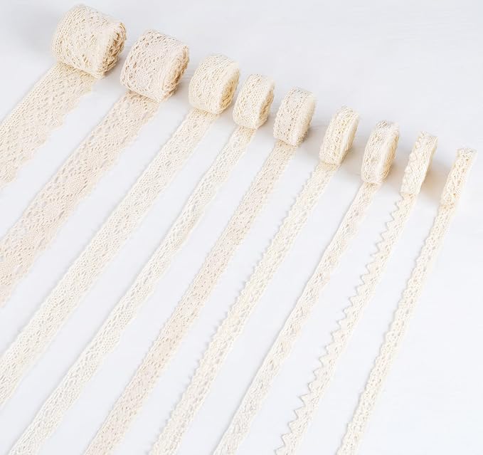 27 Yards Beige Lace Ribbon, Cotton Lace Trim, 9 Styles 3 Yards Each