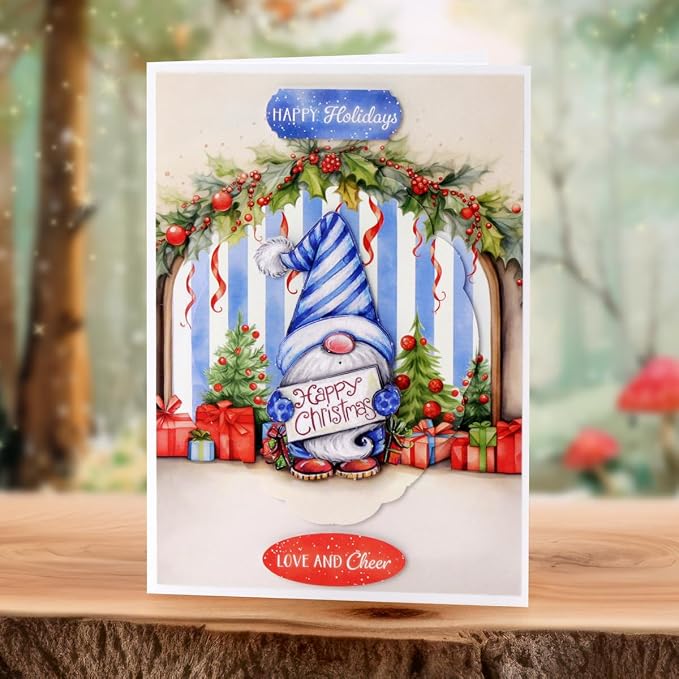 Katy Sue Cosy Christmas Gnomes Card Making Kit, Makes 8 Handmade Holiday Cards, Die Cut Toppers, Backgrounds & Foam Pads Included