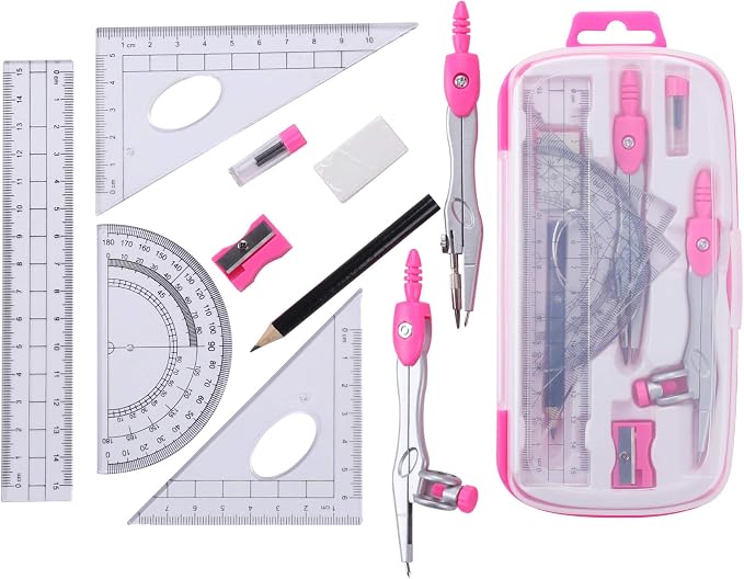 Unjoo Math Geometry Set 10 Pcs, Compass and Protractor for Students (Pink) | Shatterproof Storage Box,Rulers,Protractor,Compass,Eraser,Pencil Sharpener,Lead Refills,Pencil,for Classroom, Back to School