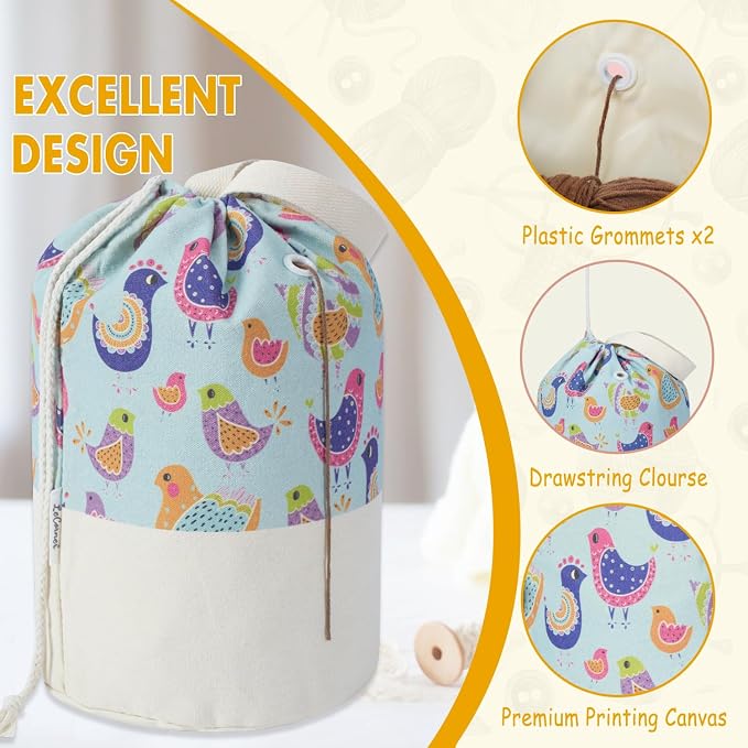 Yarn Bag, Small Crochet Bag Organizer, Drawstring Yarn Storage Knitting Bags, Portable Mini Yarn Holder for Crocheting Project, Store Skein Ball, Needles Accessories (Colorful Birds, Large)