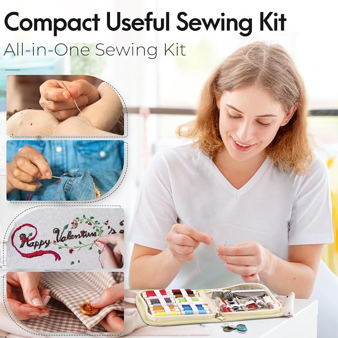 Coquimbo Sewing Kit Gifts for Adults Teen Grils Women Mom Grandma, Portable Sewing Supplies Contains Tape Measure, Scissors, Thimble, Thread, Sewing Needles (Beige, M)