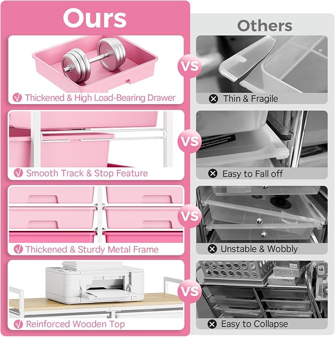 TOOLF 12 Drawers Rolling Storage Cart with Wooden Top for Classroom,Pink | Teacher Cart Craft Art Supply Organizer, Utility Cart with Lockable Wheels for Home Household Essentials, Office Organization
